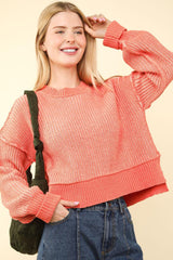 VERY J Exposed Seam Cropped Striped Slit Sweater