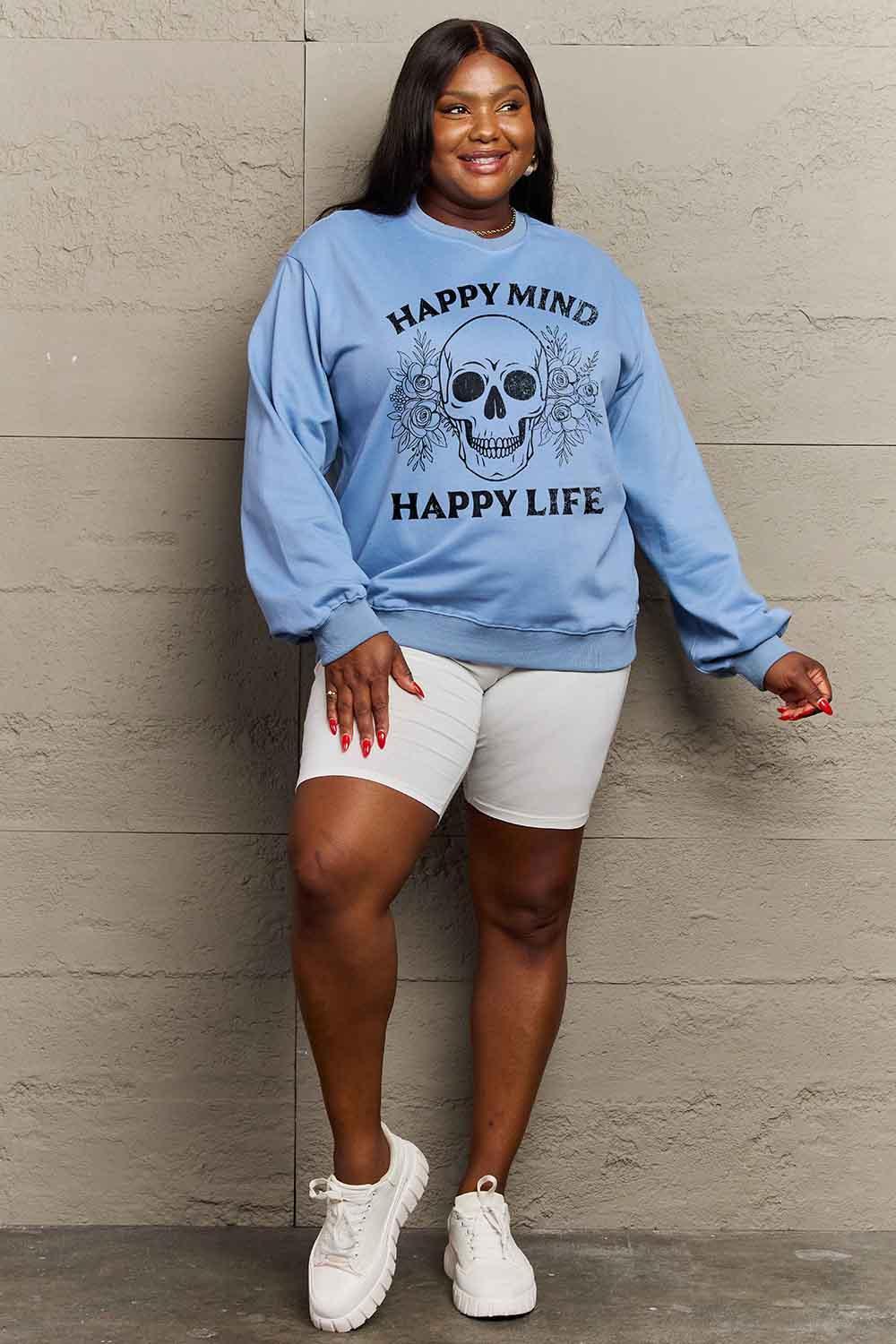 Simply Love Full Size HAPPY MIND HAPPY LIFE SKULL Graphic Sweatshirt