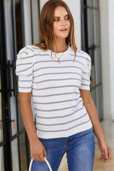 Striped Round Neck Puff Sleeve Knit Top