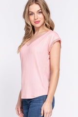 ACTIVE BASIC Lace Trim V - Neck Short Sleeve Ribbed Top - Admiresty