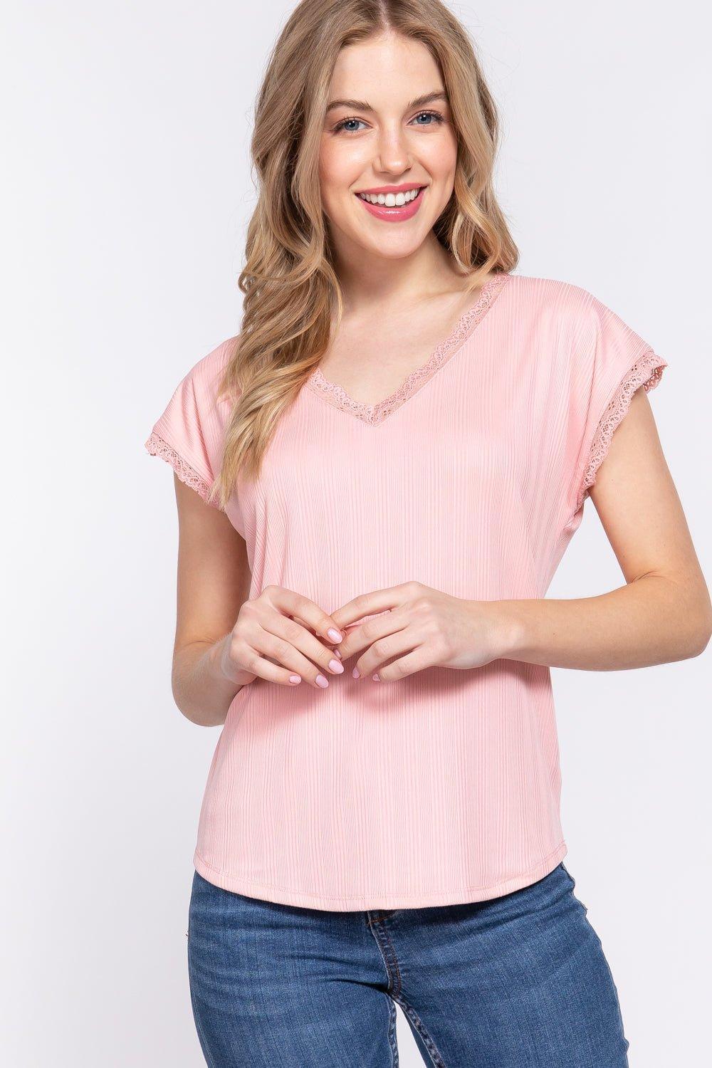 ACTIVE BASIC Lace Trim V - Neck Short Sleeve Ribbed Top - Admiresty