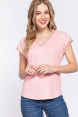 ACTIVE BASIC Lace Trim V - Neck Short Sleeve Ribbed Top - Admiresty