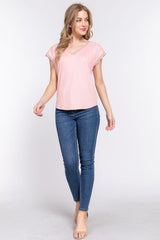 ACTIVE BASIC Lace Trim V - Neck Short Sleeve Ribbed Top - Admiresty
