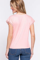 ACTIVE BASIC Lace Trim V - Neck Short Sleeve Ribbed Top - Admiresty