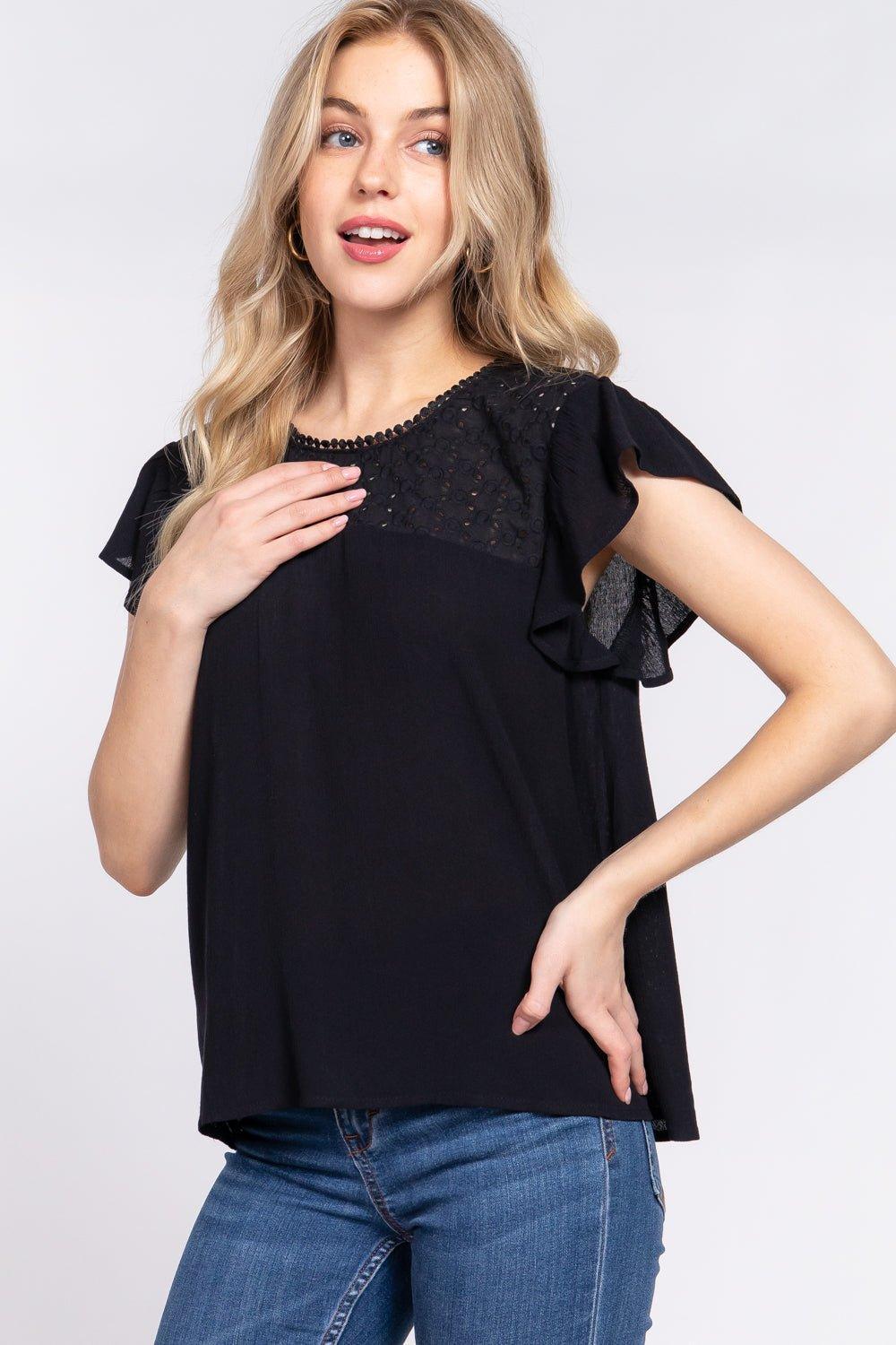 ACTIVE BASIC Ruffle Short Sleeve Crochet Blouse - Admiresty