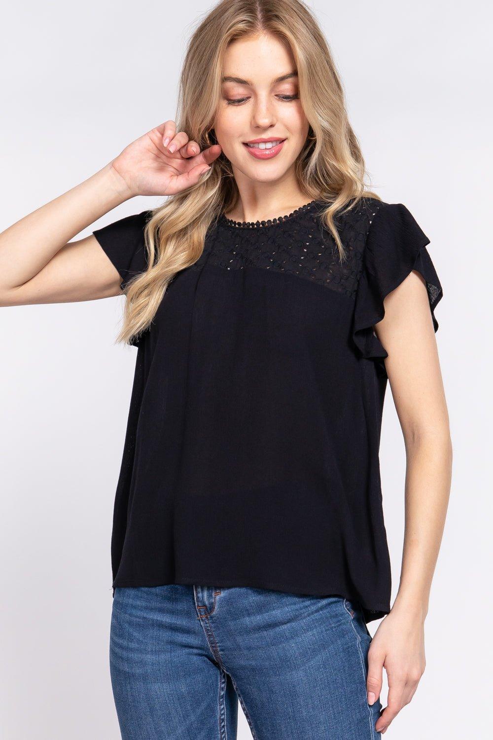 ACTIVE BASIC Ruffle Short Sleeve Crochet Blouse - Admiresty