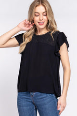 ACTIVE BASIC Ruffle Short Sleeve Crochet Blouse - Admiresty
