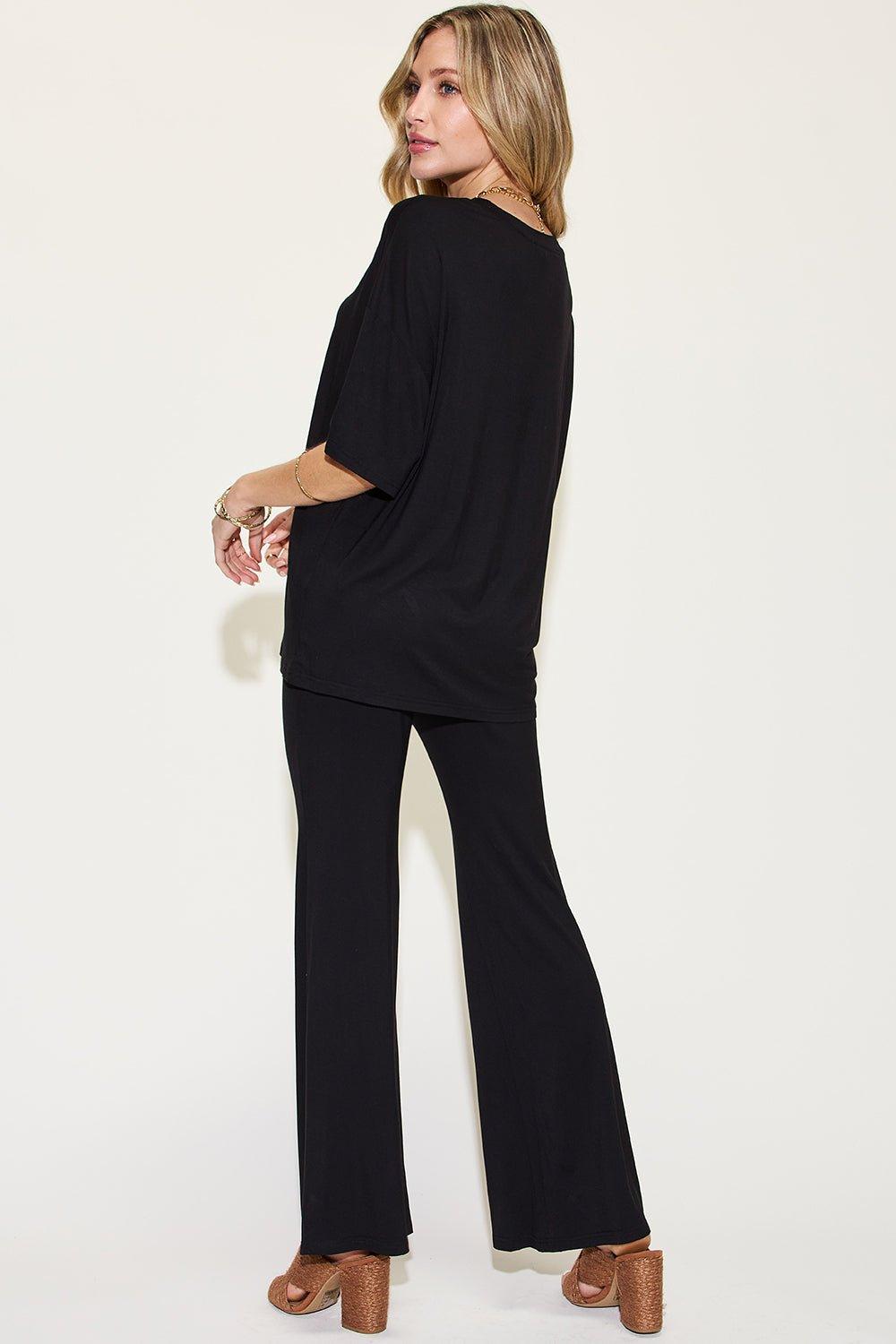 Basic Bae Full Size Bamboo Drop Shoulder T - Shirt and Flare Pants Set - Admiresty