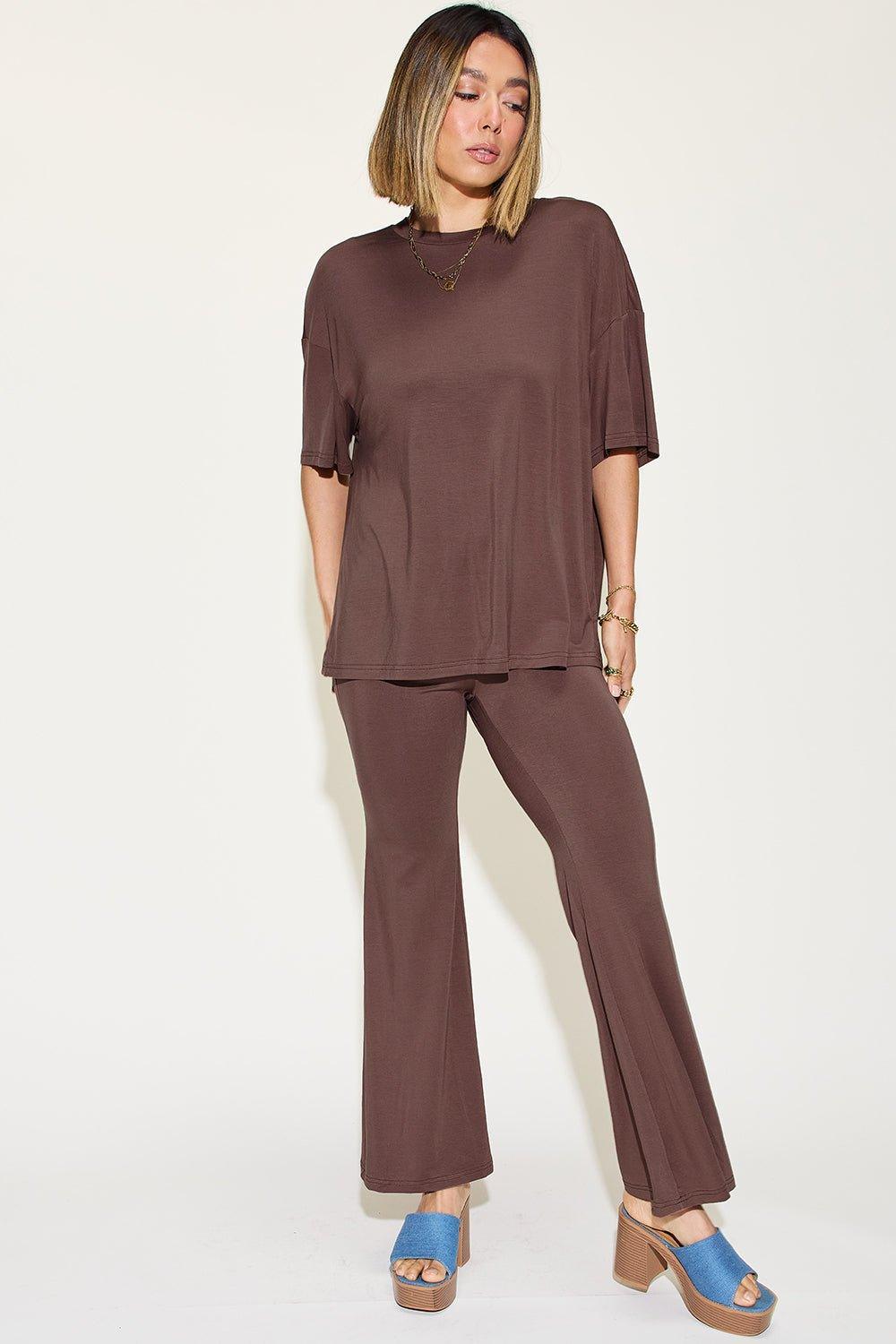 Basic Bae Full Size Bamboo Drop Shoulder T - Shirt and Flare Pants Set - Admiresty