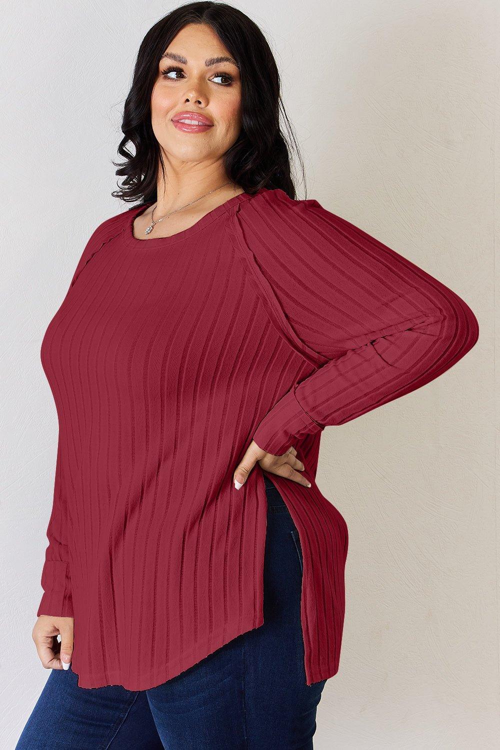Basic Bae Full Size Ribbed Round Neck Slit T - Shirt - Admiresty