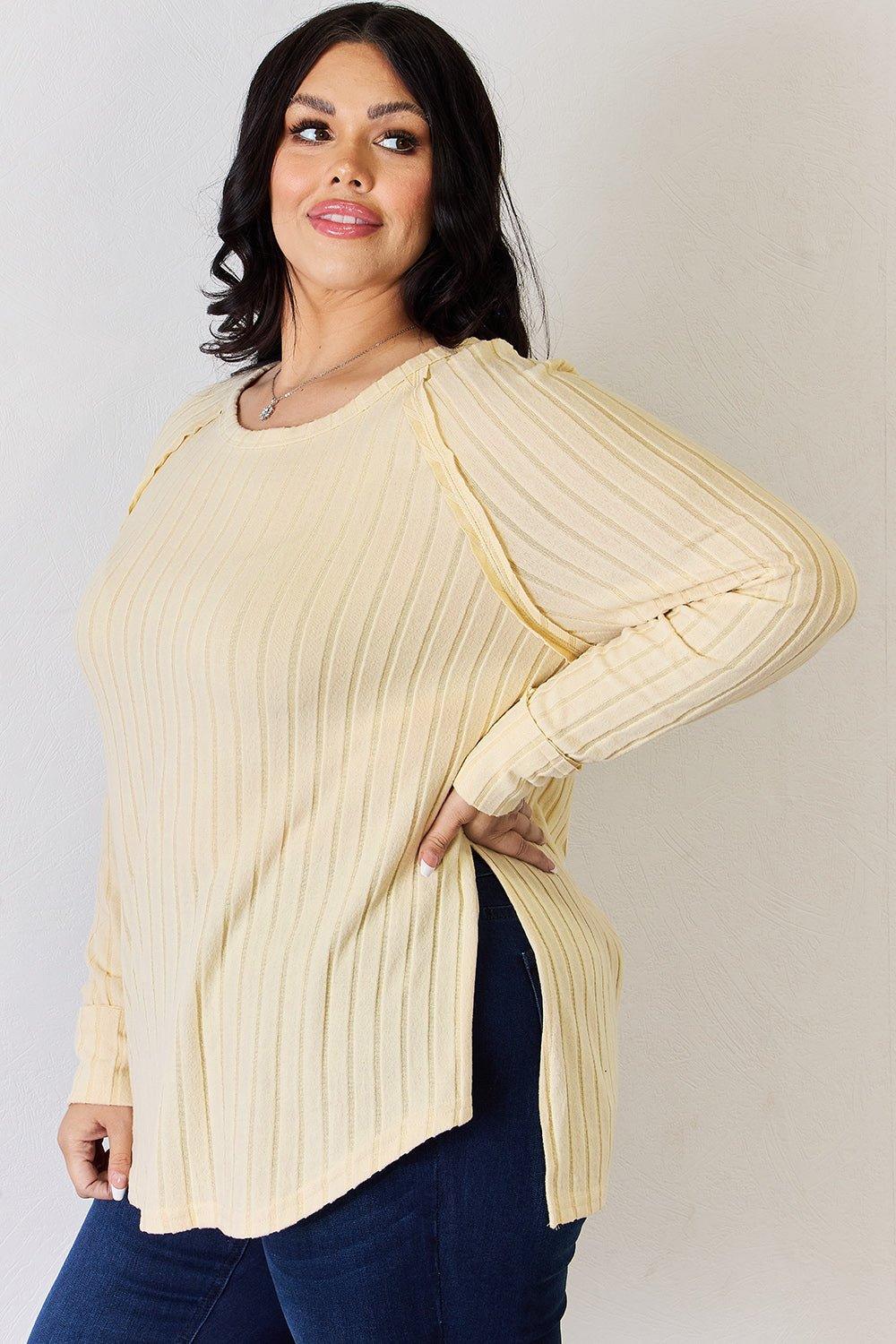 Basic Bae Full Size Ribbed Round Neck Slit T - Shirt - Admiresty