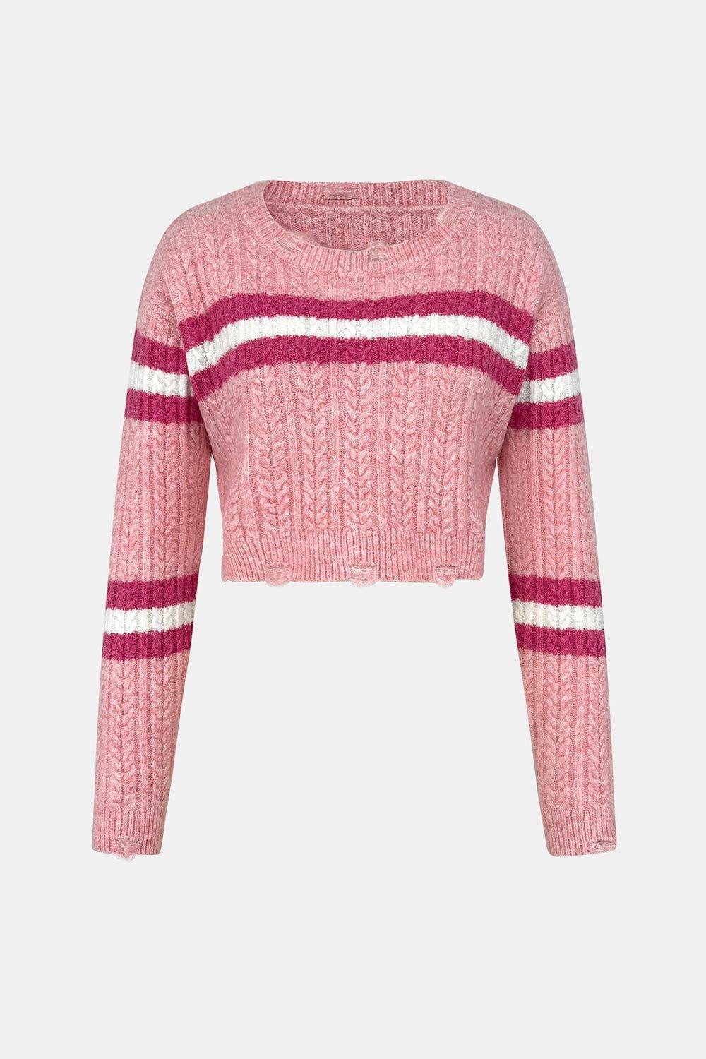 Cable - Knit Striped Dropped Shoulder Sweater - Admiresty