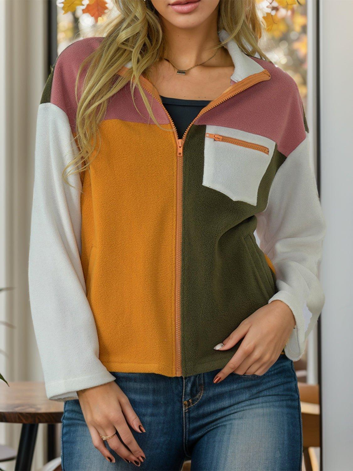 Color Block Zip - Up Long Sleeve Jacket - Admiresty