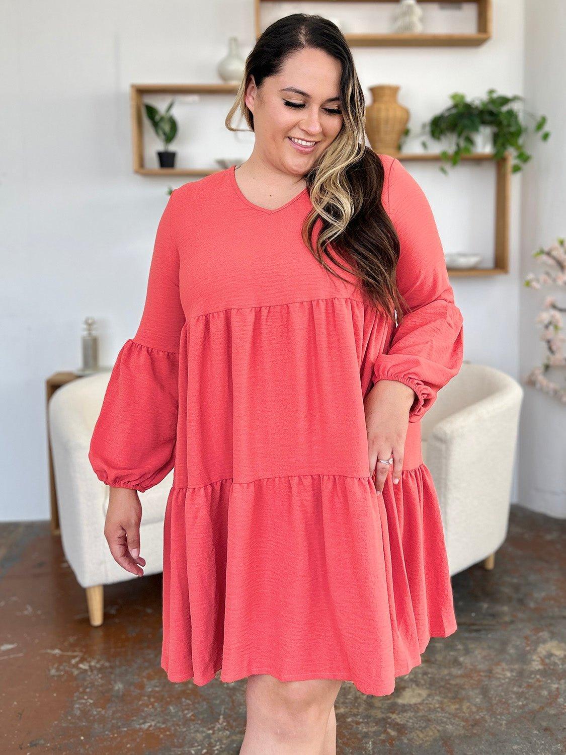 Double Take Full Size V - Neck Balloon Sleeve Tiered Dress with Pockets - Admiresty